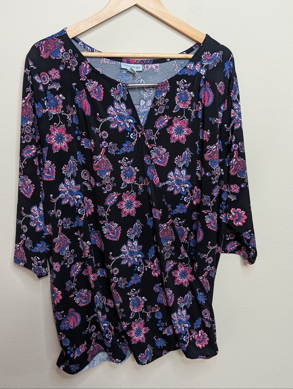 Catherines Black Pink Blue Paisley Floral V-Neck Blouse 3/4 Sleeve Plus Size 2X